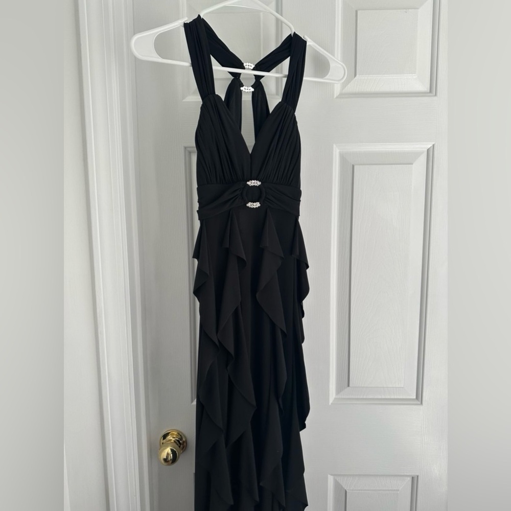 Betsy & Adam Black Asymmetrical Halter Cocktail Dress